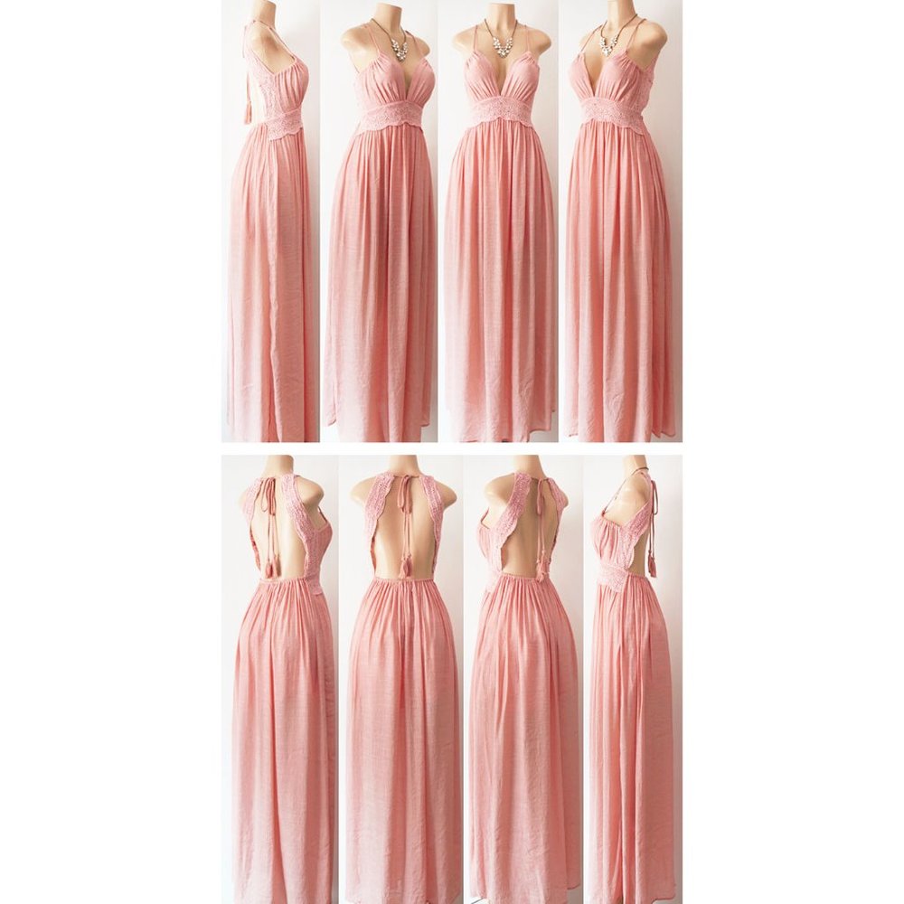 Pink Crochet Lace Open Back Halter Boho Maxi Dress - Picture 7 of 8